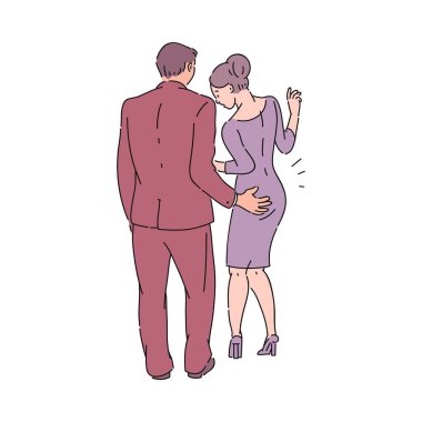 A male colleague or boss in a suit touches a woman in a dress behind her ass. clipart