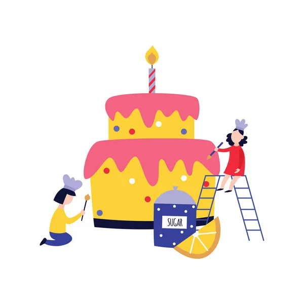 Kleine Leute - Kinder - Kochen und Dekorieren riesiger Kuchen flacher Cartoon-Stil — Stockvektor