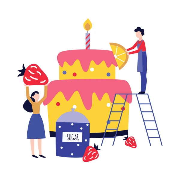 작은 사람들이 요리하고 거대한 생일 케이크 플랫 만화 스타일을 장식 — 스톡 벡터