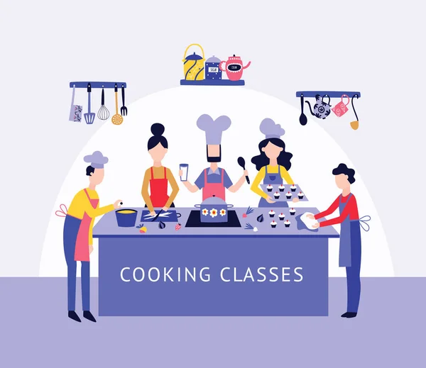 Koch und Menschen kochen gemeinsam am Küchentisch — Stockvektor