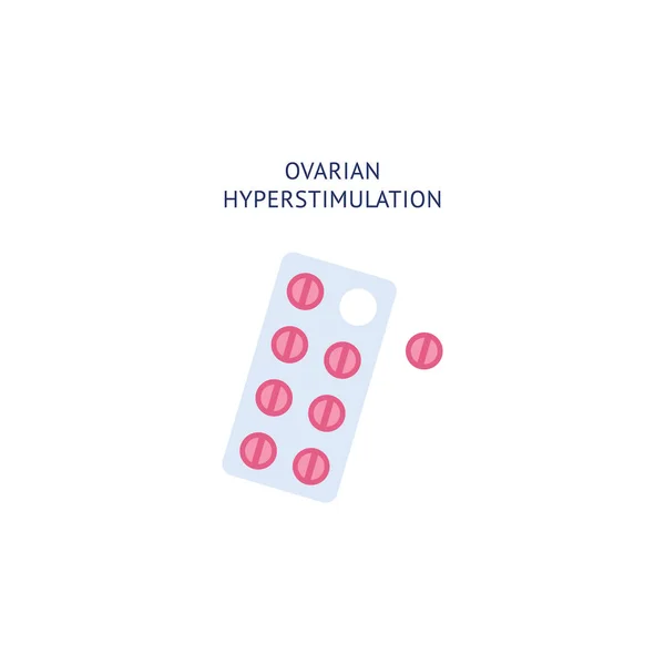 Pastillas rosadas en ampolla gris - icono de la historieta médica con medicamentos para la hiperestimulación ovárica y la salud reproductiva femenina — Vector de stock