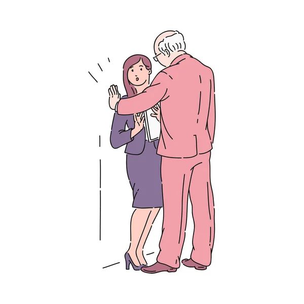 Un vecchio uomo dai capelli grigi in giacca e cravatta preme una giovane ragazza contro un muro in un ufficio . — Vettoriale Stock