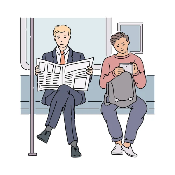 Dwóch mężczyzn w metrze czytania gazety i za pomocą tabletu — Wektor stockowy
