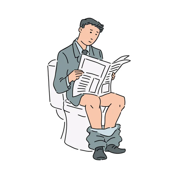 Obchodní muž nebo kancelářský pracovník ve formálním obleku a čte noviny na záchodě. — Stockový vektor