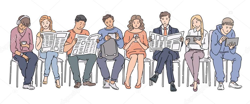 People holding newspaper, tablets and phones