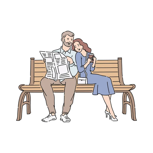 Jornal de leitura de casal ilustração vetorial ao ar livre isolado no fundo branco . —  Vetores de Stock