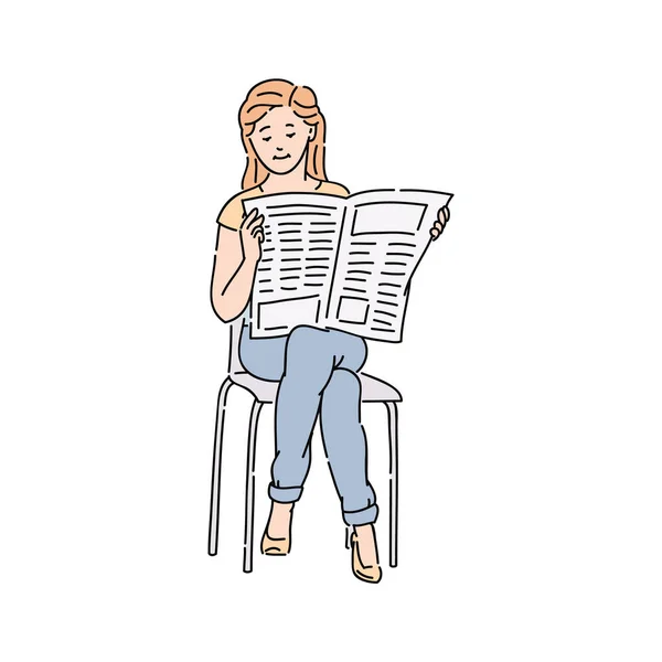 Μια γυναίκα ή ένα κορίτσι στην τηλεόραση φορούν ανάγνωση διάνυσμα καρτούν εφημερίδα απομονώθηκε σε λευκό. — Διανυσματικό Αρχείο