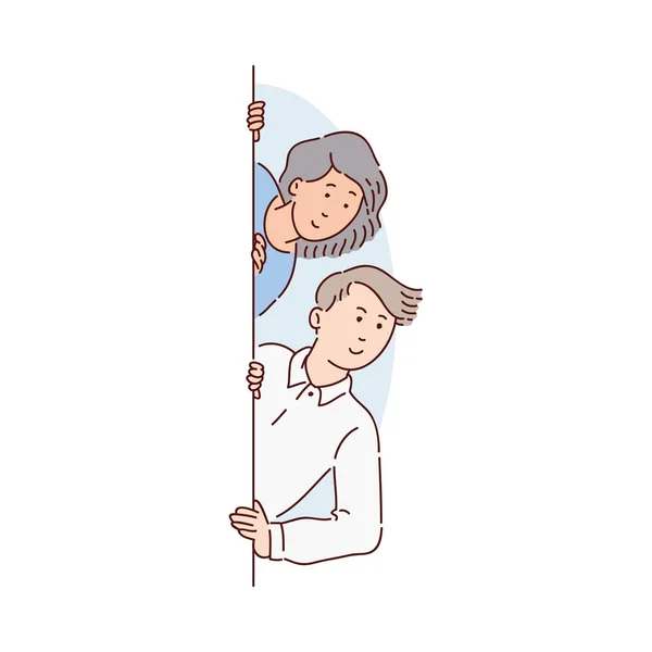 Un par de personas, un hombre y una mujer jóvenes, espiando y mirando por detrás de una ventana o pared y sonriendo . — Vector de stock