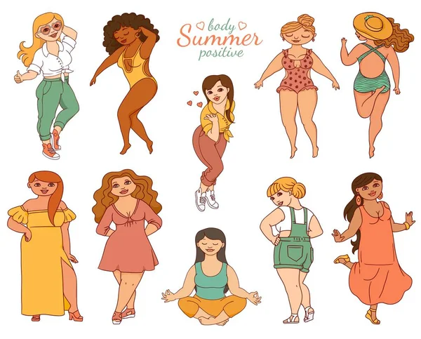 Set of curvy plus size women in fashionable summer clothes sketch style — Stock Vector