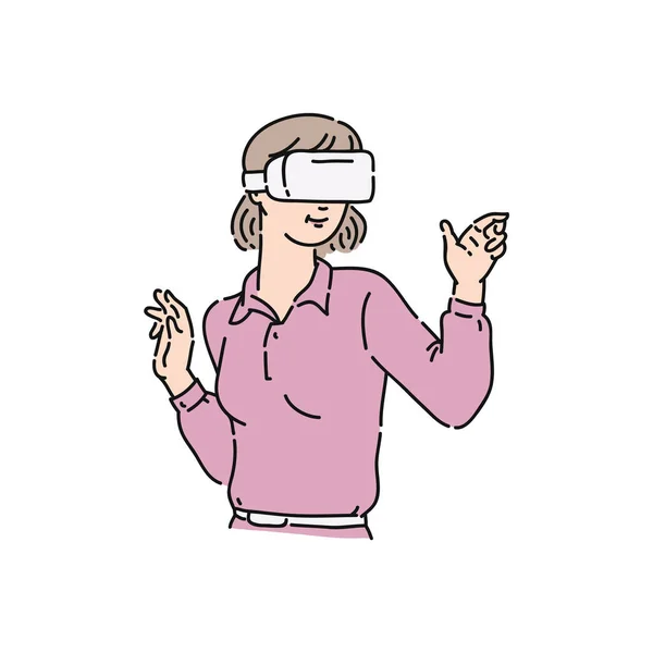 Vector mulher adulta plana em fone de ouvido realidade virtual — Vetor de Stock