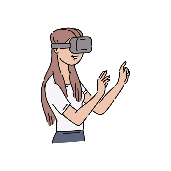 Wektor płaski młody dziewczyna w wirtualny rzeczywistość zestaw słuchawkowy — Wektor stockowy
