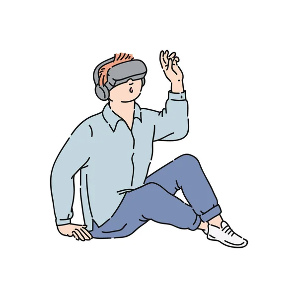 Vettore piatto giovane uomo in cuffia realtà virtuale — Vettoriale Stock