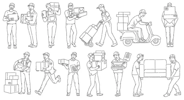 Set of male workers from different delivery services sketch outline style — Stock Vector