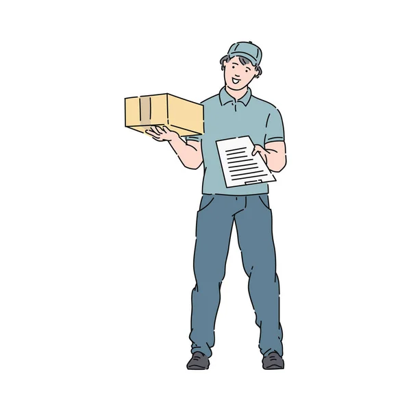 Entrega hombre o mensajero en uniforme sostiene post boxe vector aislado en blanco . — Vector de stock