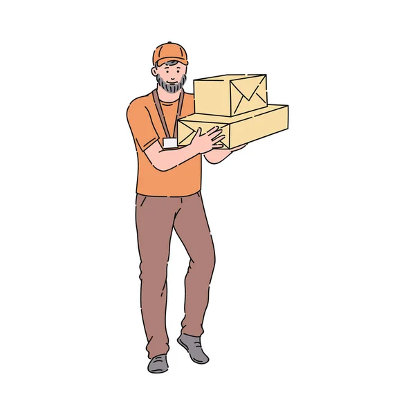 Delivery man or courier in orange uniform and cap giving cardboxes. — Stock Vector