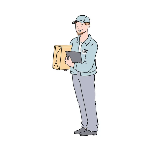 Entrega Hombre o mensajero con caja y portapapeles en uniforme azul y boceto de gorra . — Vector de stock