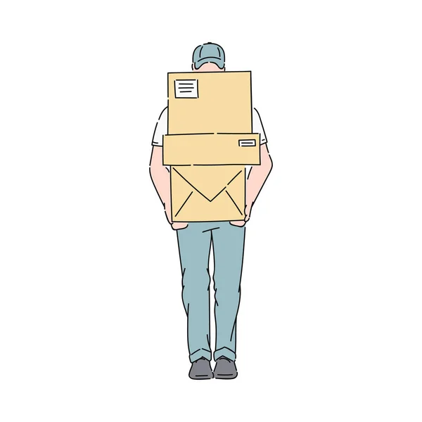 Leverans man eller kurir i uniform innehar postboxar vektor isolerad på vit. — Stock vektor