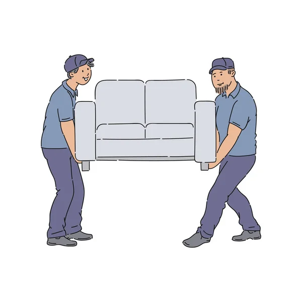 Delivery people moving a couch, young service men with uniforms delivering a new sofa to home