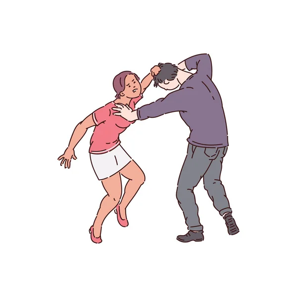 Woman attacking a man, hair pulling and bullying by female abuser — 스톡 벡터