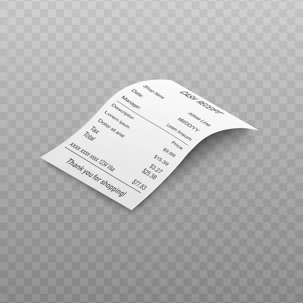 透明な背景に隔離されたベクトルイラストで買い物用紙または財務領収書. — ストックベクタ
