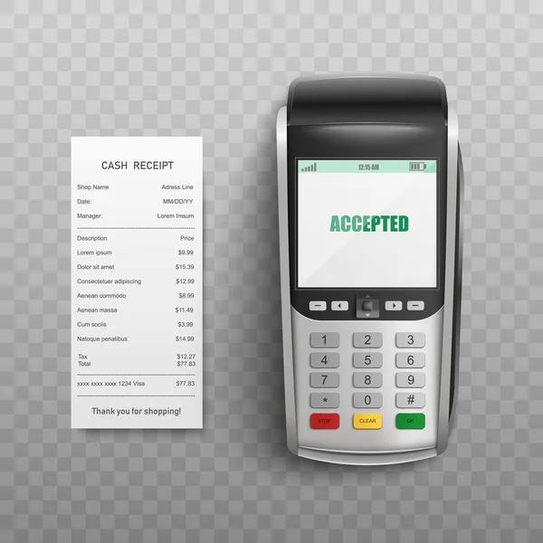 Terminal de Pos que confirma la transacción con tarjeta de débito o crédito y factura en papel . — Vector de stock