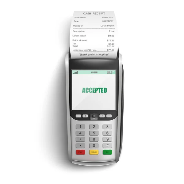 Bank POS-terminal voor betaling van aankopen in Shop per creditcard en papieren kassabon. — Stockvector