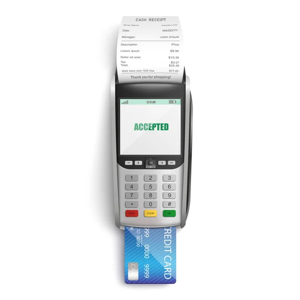 Succesvolle betaling voor aankopen in winkel of supermarkt met creditcard via POS-Terminal. — Stockvector