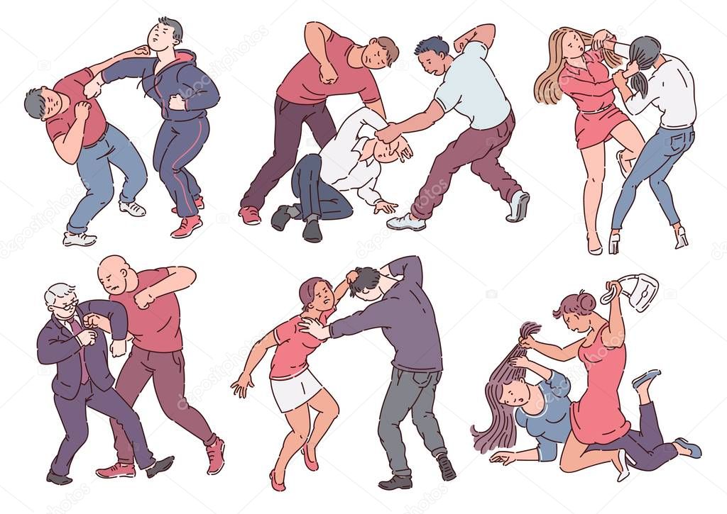 Set of aggressive people during fight actions sketch style