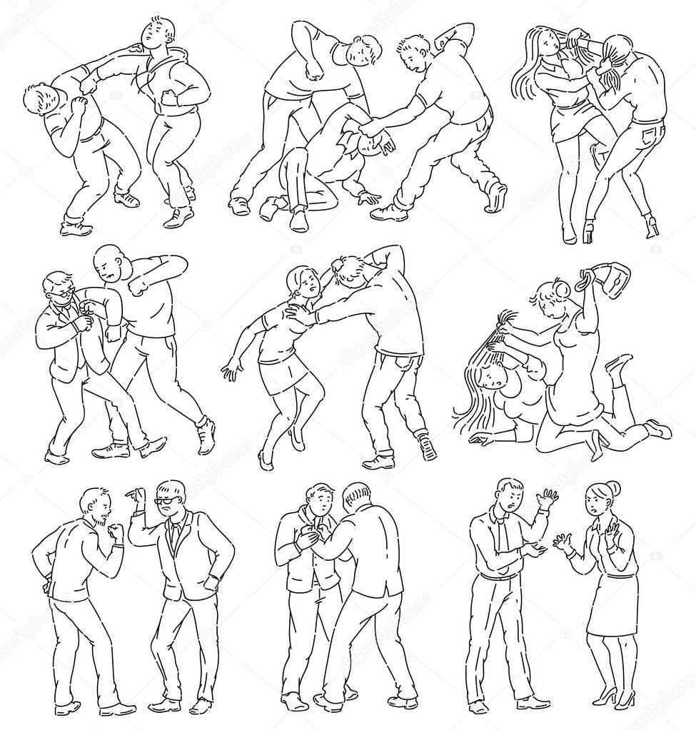 Coloring book page of people fighting