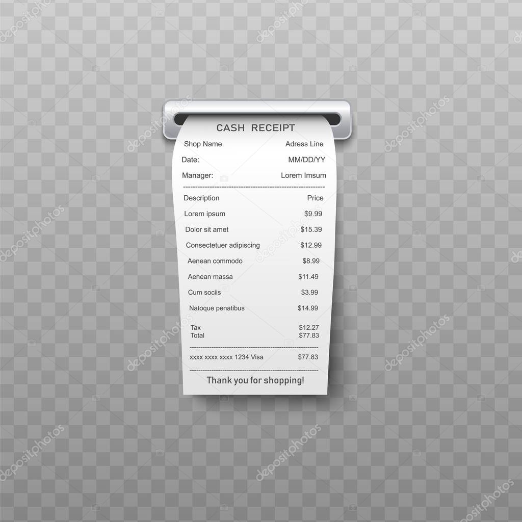 White paper bill or bank atm dispenser invoice going out from slit in realistic vector illustration.