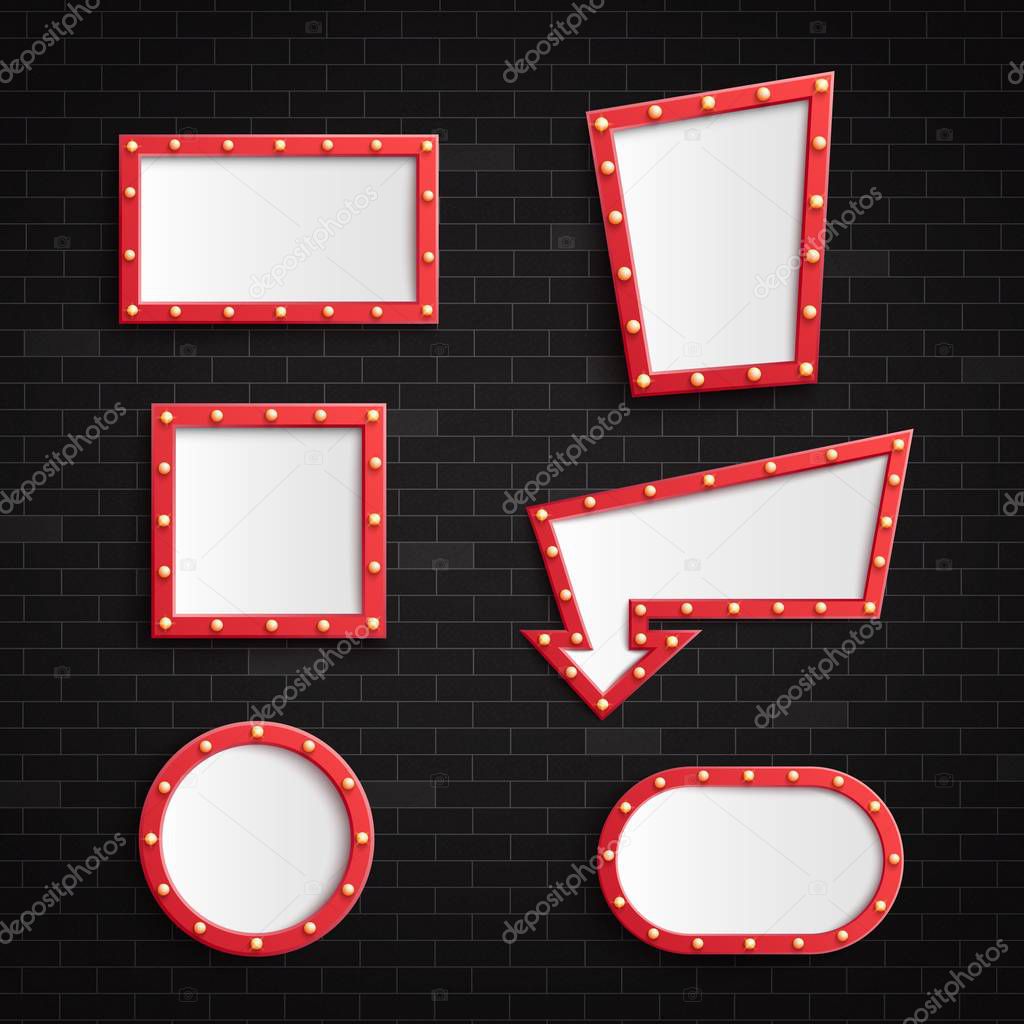 Retro red blank frames with illuminated light bulbs on dark brick wall background in realistic style.