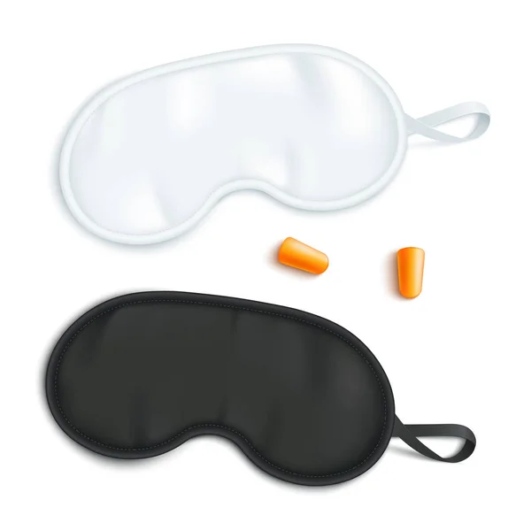 White and black sleeping mask mockup with pair of earplugs in realistic style. — Stock Vector