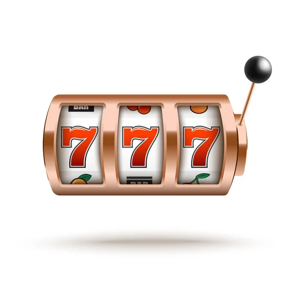 Bronze slot machine with lucky combination of three sevens in realistic style. — Stock Vector