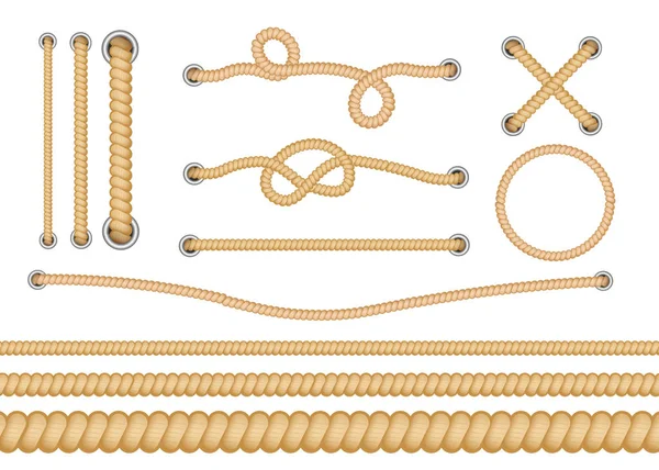 Set of various types of nautical loops and knots for rope. — Stock Vector