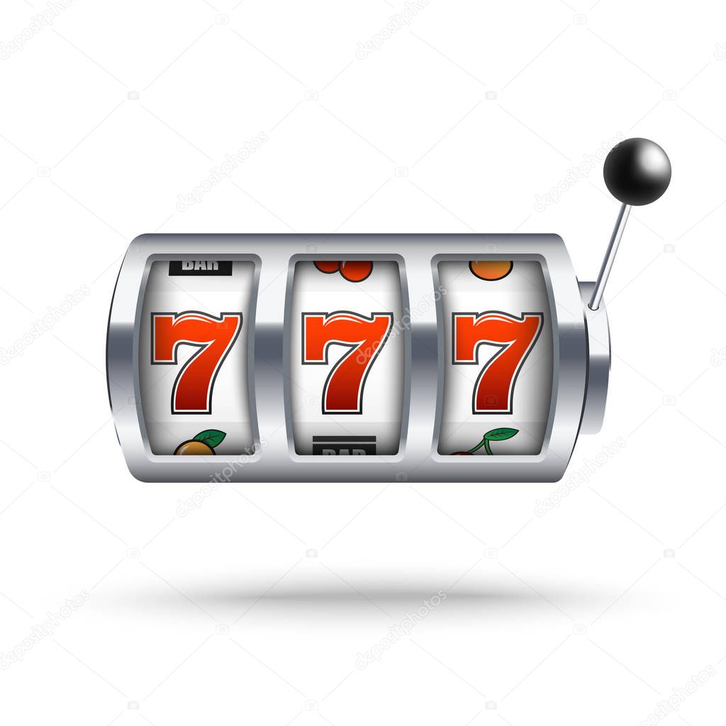 Silver slot machine with lucky three sevens jackpot in realistic style isolated on white background.
