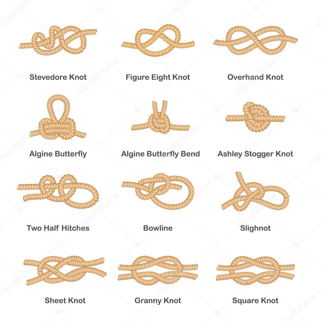 Set of various types of nautical loops and knots for rope.