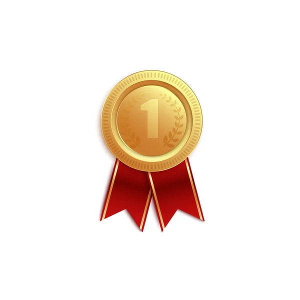 Gold medal icon for first place with red ribbons for the winner. — Stock Vector