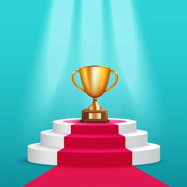 Support de tasse trophée d'or sur un piédestal rond avec tapis rouge style réaliste — Image vectorielle