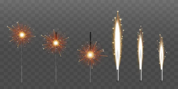 Vuurwerk fontein van vonken of pyrotechnische kaars vector illustratie set geïsoleerd. — Stockvector