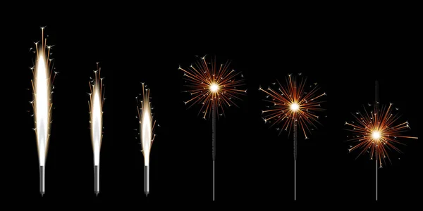 Set van zes Bengaalse wonderkaarsen branden met gouden glanzende ster sparkles — Stockvector
