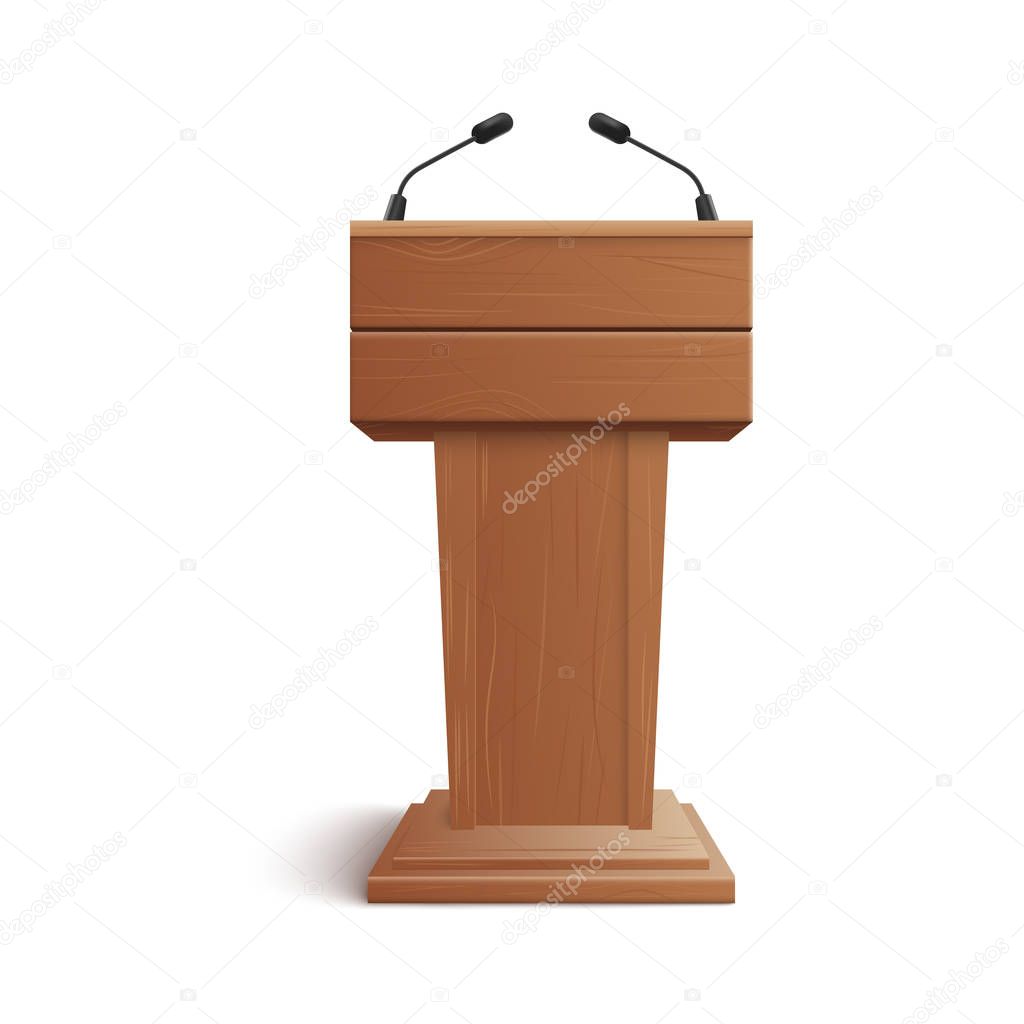 Realistic icon of blank brown wooden stand, podium or rostrum with microphones.