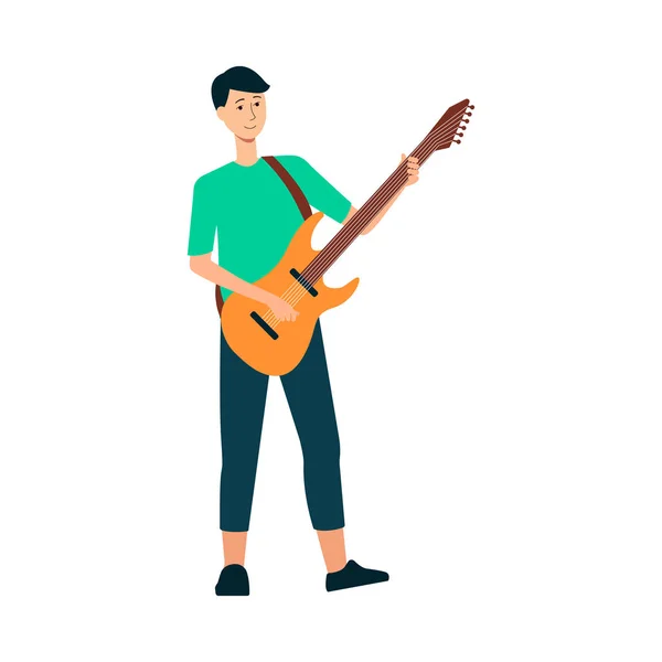 Чоловік стоїть і грає на гітарі з ремінцем мультяшний стиль — стоковий вектор