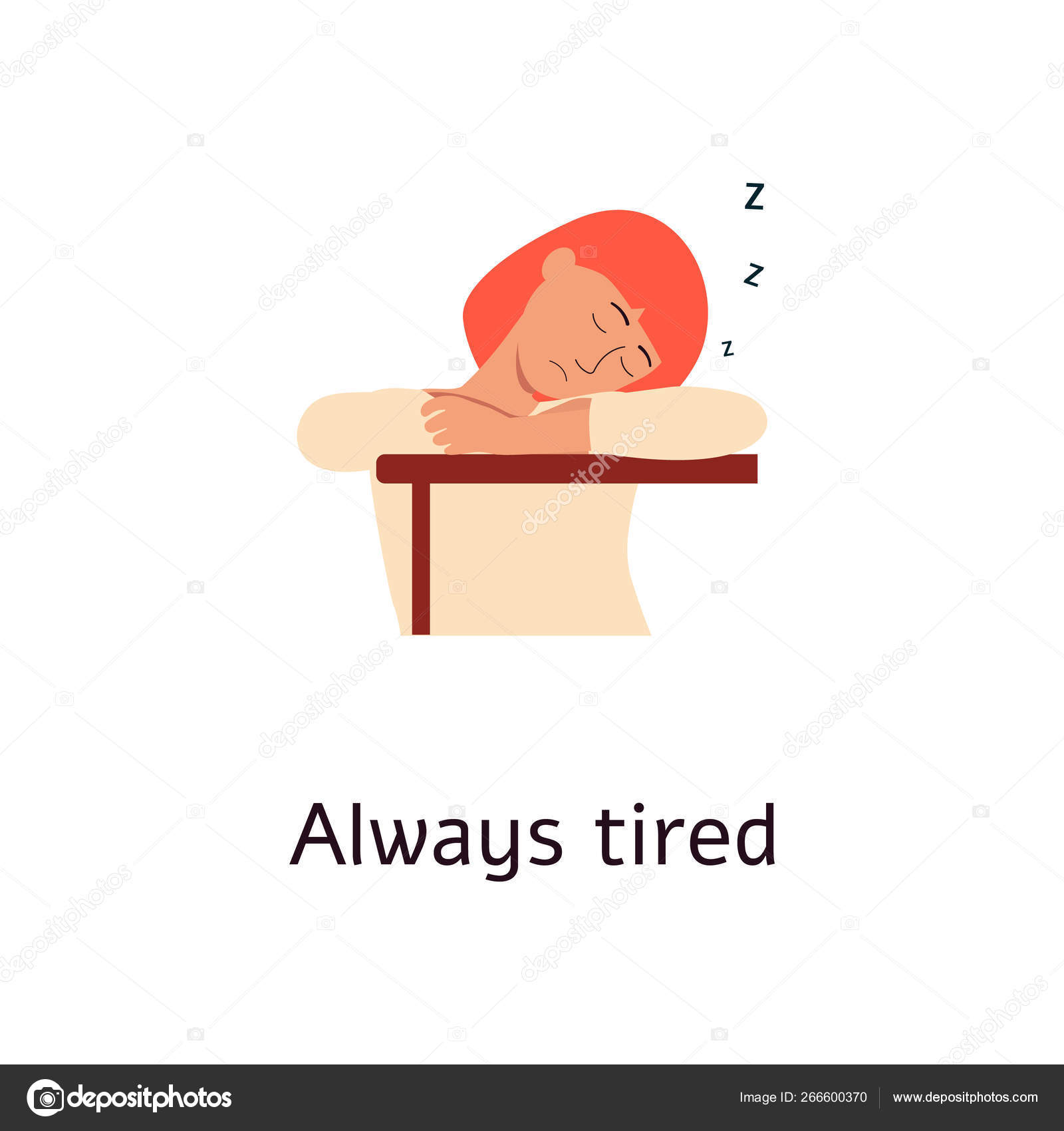 Extremly Tired Woman Is Sleeping On Table Cartoon Style Stock