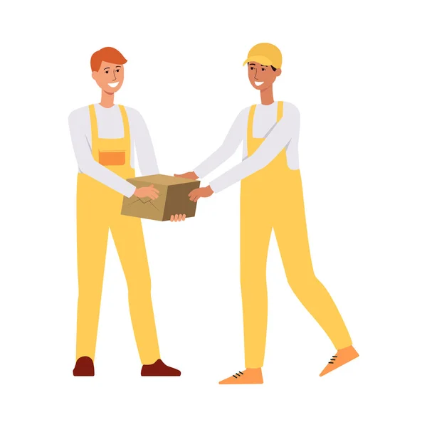 Två lastare i overaller passerar en brun låda tecknad stil — Stock vektor