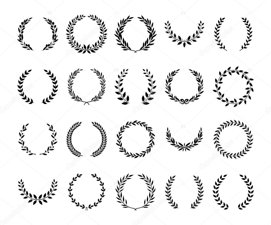 Set of black greek wreaths and heraldic round element with black circular silhouette.