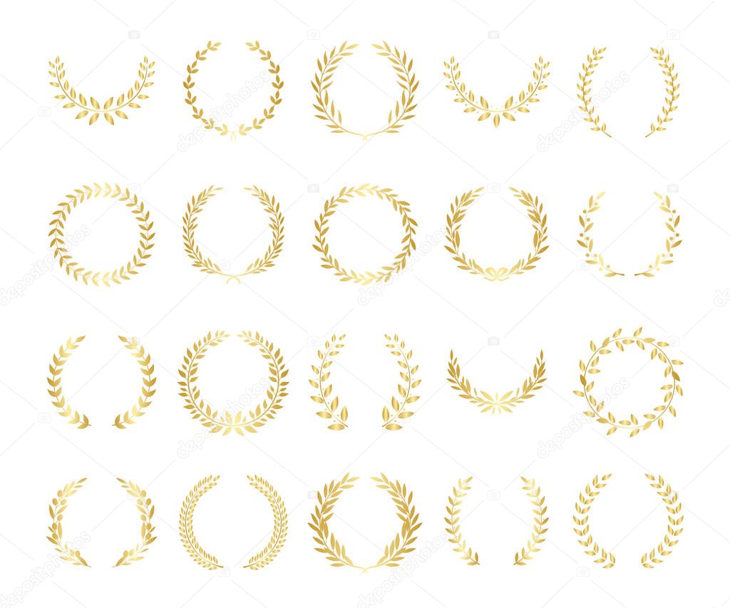 Golden circular laurel or olive wreaths vector set isolated on white background.