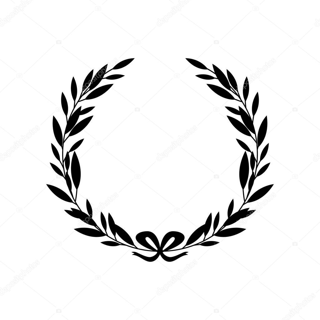 Black silhouette of greek laurel wreath with bow in flat style