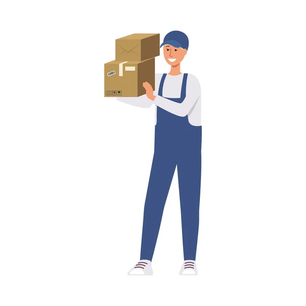 Livreur en uniforme de courrier bleu tenant pile de boîtes en carton — Image vectorielle
