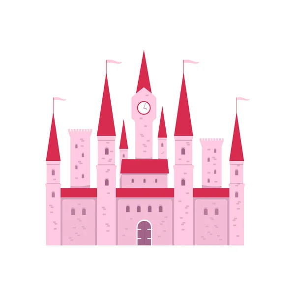 플랫 만화 스타일의 게이트와 타워 시계귀여운 핑크 판타지 성 — 스톡 벡터