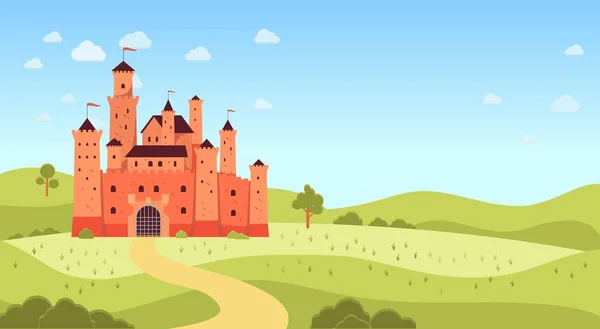 Paisaje natural con castillo medieval y copyspace estilo plano de dibujos animados — Vector de stock